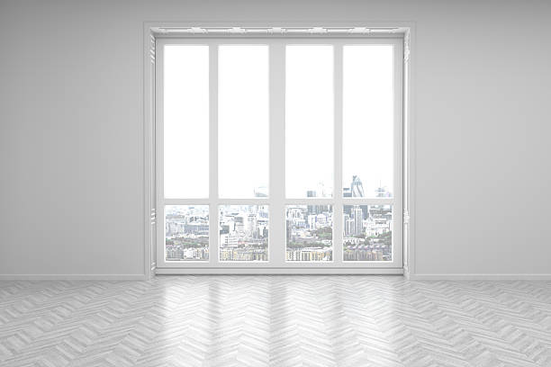 istock Large hall with large windows and city view. Empty room 2233410168