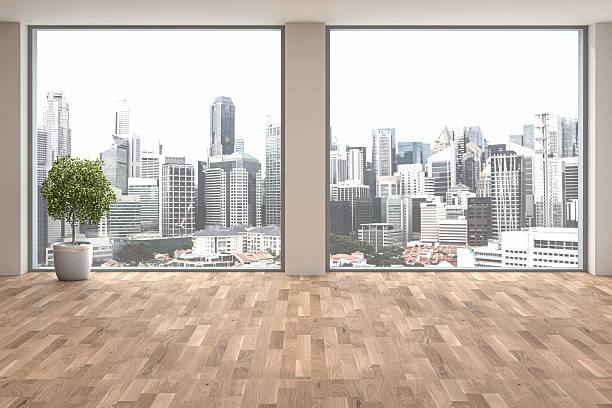 istock Large hall with large windows and city view. Empty room 2233419799