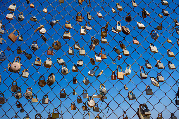 A detailed shot of countless padlocks of various sizes and ages attached to a chain-link fence against a clear blue sky, symbolizing eternal love.