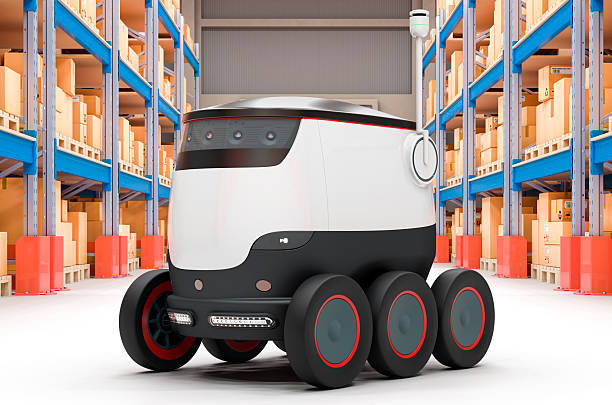 istock Autonomous robot in storehouse, delivery concept. 3D rendering 2233428736