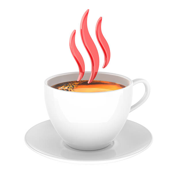Hot drink in white cup with stylized red steam rising above. 3D rendering isolated on white background
