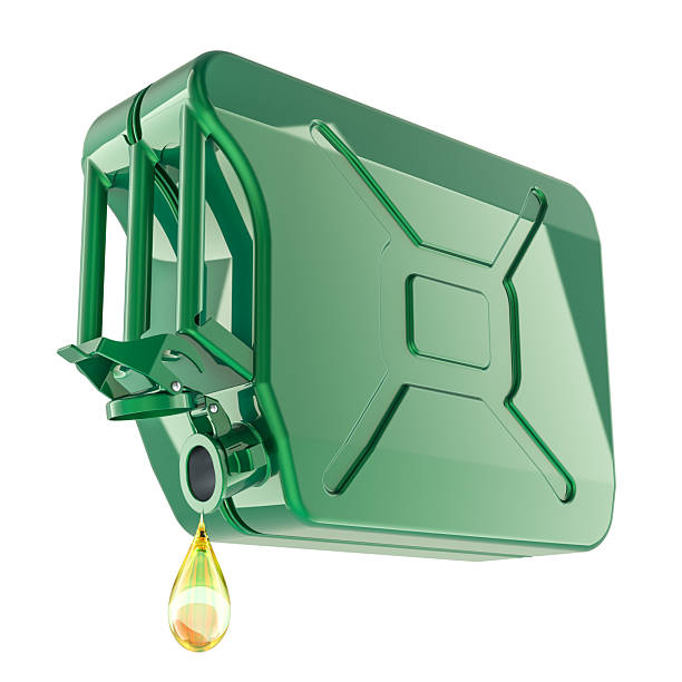 Green jerry can pouring fuel drop. 3D rendering isolated on white background