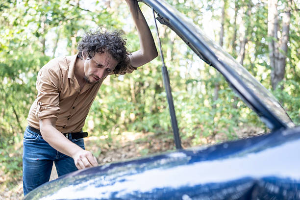 istock Man Inspecting Car Engine in Nature Scene on a Sunny Day 2233430441