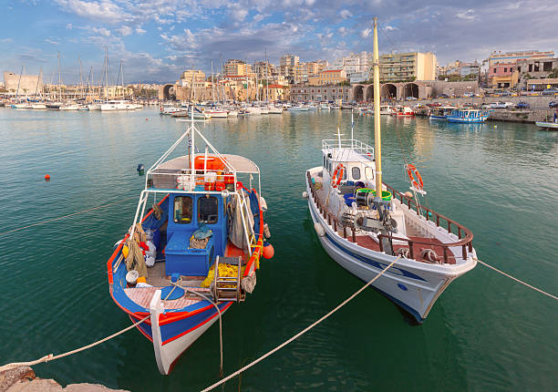 View of Heraklion Venetian Harbor with boats in Heraklion Greece