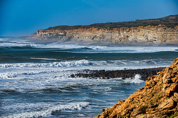 Strong waves crash against the rocky shoreline with steep cliffs rising in the background, showing the rugged Atlantic coast landscape under clear blue sky.
