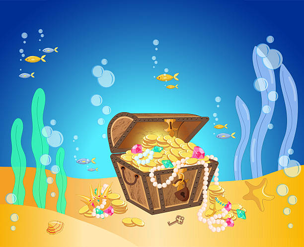 istock Open pirate treasure chest with gold coins, gems on the sea bottom. Vector illustration 2233432505