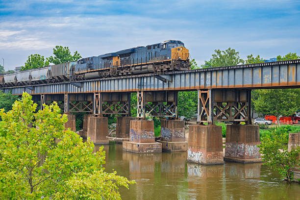 Train on a trestle on the James River in Richmond Virginia.