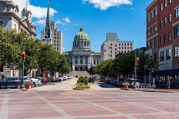 Harrisburg, PA, USA - August 31, 2025: The Pennsylvania Capitol Building, with its distinctive green dome, as seen from State Street in Harrisburg. It is also the main building of the Capitol Complex.