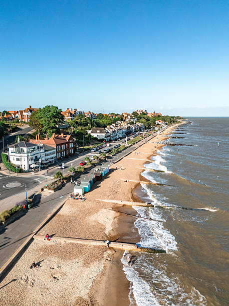 Aerial view of felixstowe seafront, beach, and town on a sunny summer day in suffolk, england