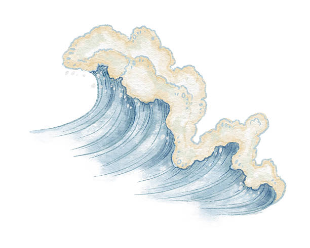 Blue sea wave with foam hand drawn in watercolor and colored pencils. Side view design with ocean tide and splash. Great for summer print and seasonal card. Perfect for coastal art and travel theme.