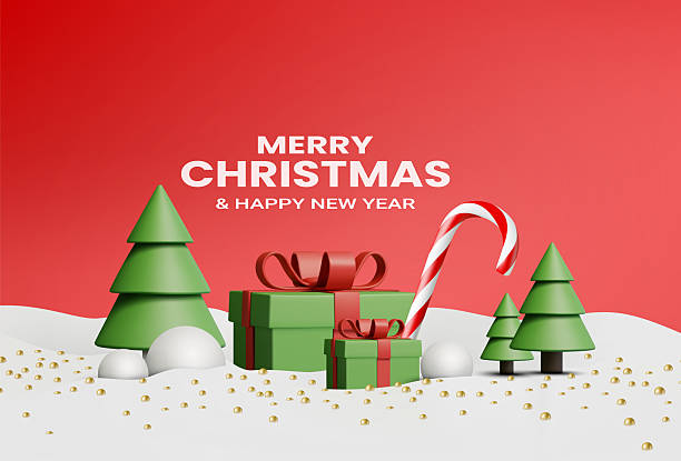istock 3D vector illustration render of gift boxes and Christmas candies with Christmas tree on snowy background, red festive atmosphere for greeting cards, posters and Christmas and New Year designs. 2233445975