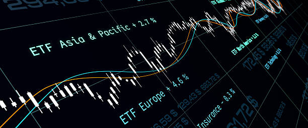 istock ETF (Exchange Traded Fund), chart, lines, prices. Close up LED screen. 2233448494