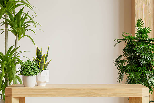 Minimalist wooden table with indoor plants in modern home decor- 3D rendering