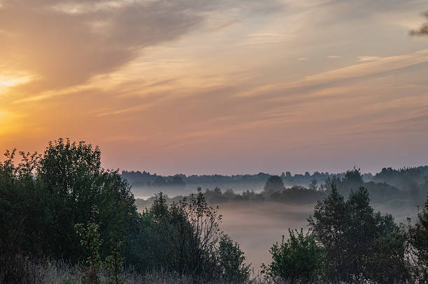 istock Hilly plain covered in fog, illuminated by the dawn sun. 2233458455