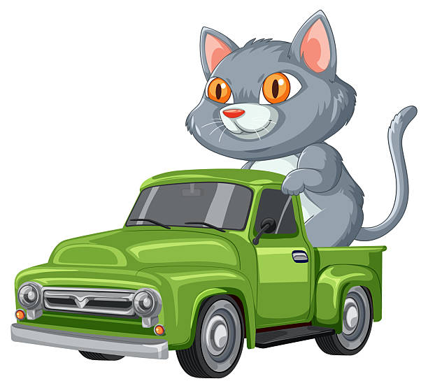 istock Gray Cartoon Cat Sitting in Green Pickup Truck 2233463255