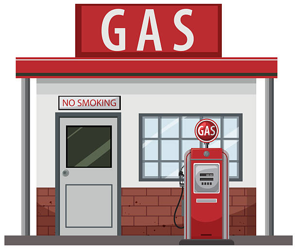 Vintage gas station with classic red pump, clean lines, ideal for retro-themed design projects.
