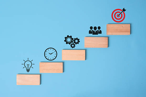 istock Business development strategy, Action plan and goal concepts, wooden cubes stacking as step stair with icons business strategy on blue background. copy space 2233463765