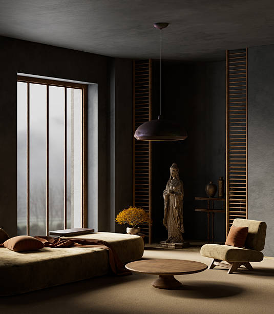 istock Japandi living room interior with dark elegance. 3D illustration 2233464742