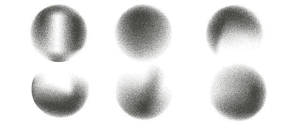 Dot sand circles set. Grainy diffuse spheres collection. Glitter texture brush balls isolated on transparent background. Vector gradient noise rounded figures.
