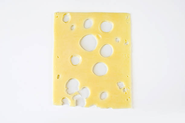 one slice of cheese isolated on white background. Maasdam cheese