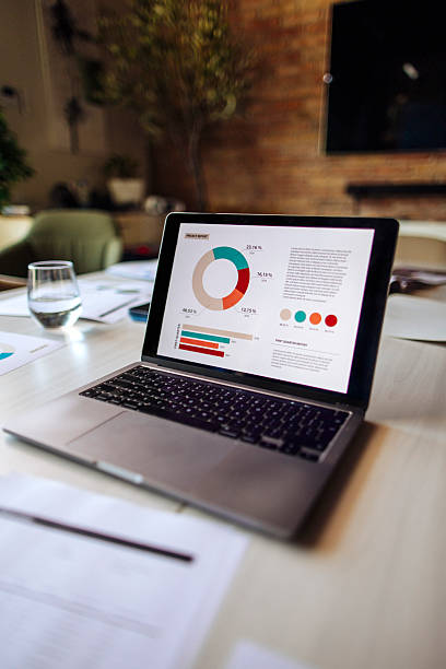 istock Modern Office Desk Workspace With Laptop Displaying Business Charts and Graphs 2233469929