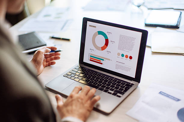 A person is analyzing data displayed on a laptop screen, including charts and graphs, in an office setting; The setting conveys themes of business, statistics, and professional work