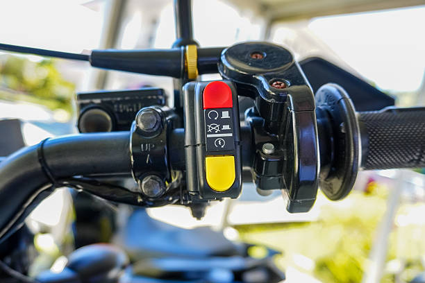istock Motorcycle Handlebar Control Closeup with Buttons and Throttle Grip 2233471598