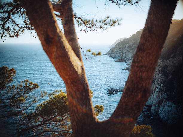 Golden sunrise above the Mediterranean Sea with historic medieval walls of Tossa de Mar, Costa Brava, Catalonia, Spain, popular holiday and photography location.