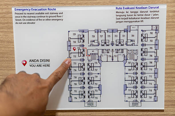 istock Emergency Evacuation Route on Building Map with Finger Pointing 2233473492