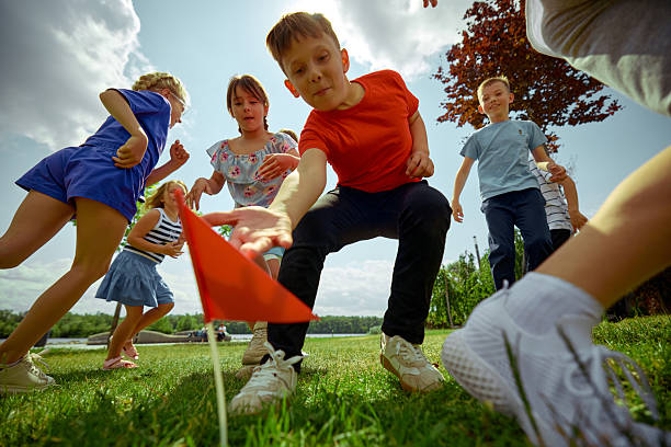 Child friends playing on public park