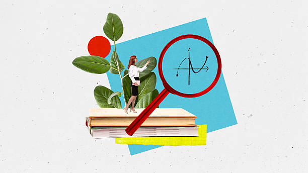 Collage of teacher with magnifying glass pointing math graph in educational theme