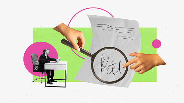 istock Trendy collage with businessman analyzing document signature with magnifier 2233474816