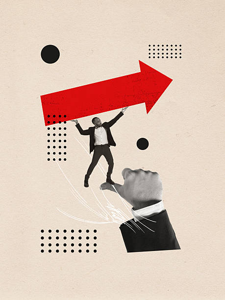 istock Businessman holding giant red arrow upward in abstract composition 2233475290
