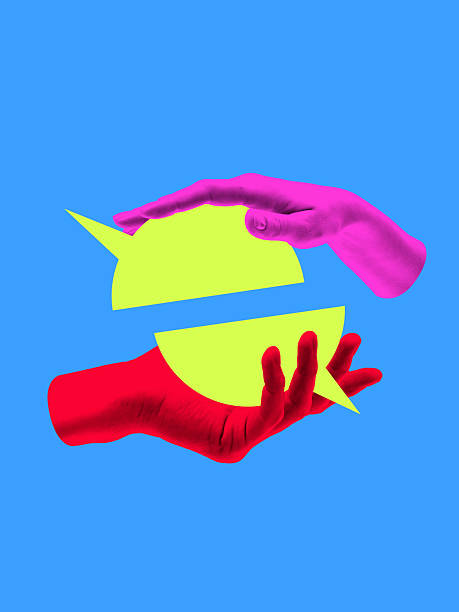 istock Digital artwork. Two hands holding split speech bubble symbol of dialogue and support 2233475409