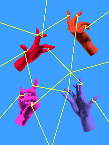 istock Colorful collage. Multiple hands connected by strings symbol of network collaboration and complexity 2233475424