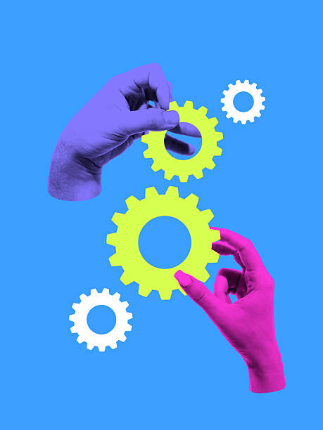 istock Contemporary collage. Hands connecting gears symbol of teamwork cooperation and system design 2233475430