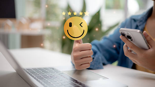 istock Customer experience and online review rating with five star satisfaction concept. Modern digital feedback system showing happy emoji, user satisfaction, and positive business service evaluation. 2233475870
