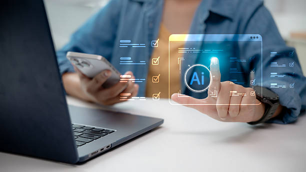 istock Artificial intelligence interface with futuristic digital checklist on laptop and smartphone. Modern business technology concept showing AI innovation, data analysis, and smart solutions. 2233475873