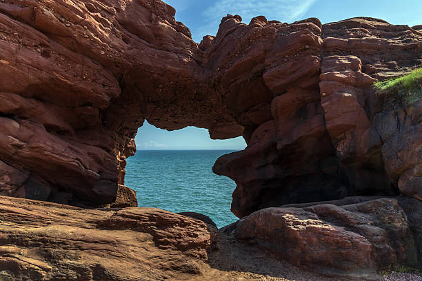 The Needle's E'e (Eye) is a natural arch formed by coastal erosion in the old red sandstone rocks at Seaton Cliffs near Arbroath, Scotland.