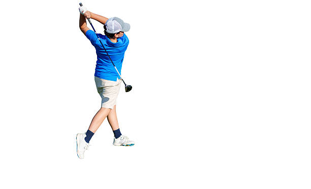 istock Young boy golfer taking a powerful swing on white background 2233481685
