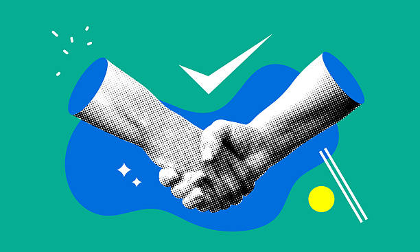 Handshake. Halftone retro hands seal deal. Shaking hands. Successful agreement. Modern collage. Conclusion of deal. Merger of companies. Business partnership. Concept of trust, networking, teamwork