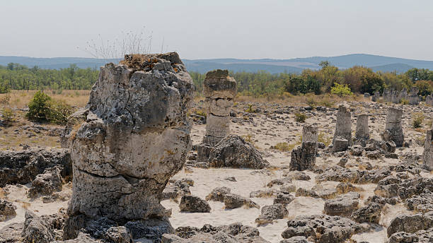 istock Natural Limestone Pillars in Arid Landscape With Vegetation and Distant Hills 2233485819
