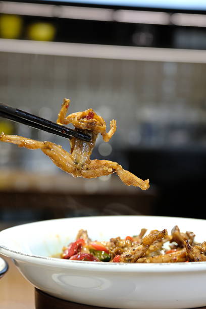 oriental food vietnamese hot salad chicken heart and lots of vegetables bright color serving Chinese and Japanese cuisine. High quality photo