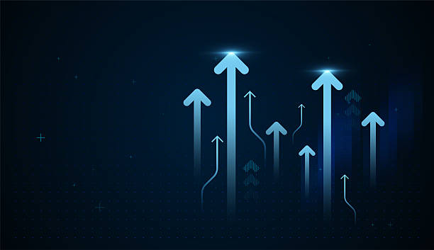 istock Upward Finance and Business Arrows on dark gradient background, A dynamic and modern infographic background featuring a cluster of glowing dark blue arrows trending 2233491875