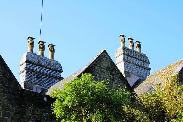 Chimney on a residential building with an overcast sky