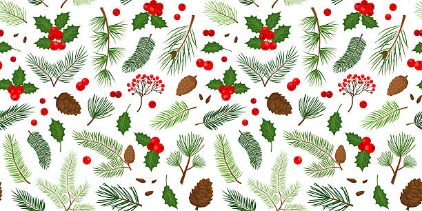istock Holly berry, pine cone, mistletoe branch seamless pattern. Christmas tree, fir, leaf winter needle plant background, Xmas nature print. Holiday coniferous floral color bg. New Year vector 2233498280