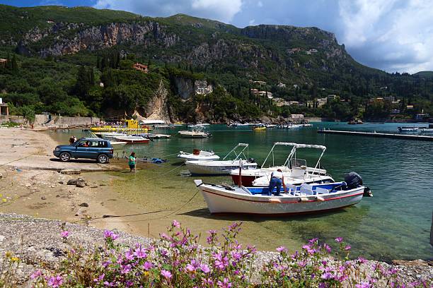 Fishing harbor in Paleokastritsa, Corfu Island, Greece. 558,000 tourists visited Corfu in 2012.
