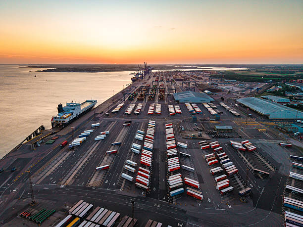 istock Felixstowe port at sunset: drone capturing shipping containers and logistics 2233504378