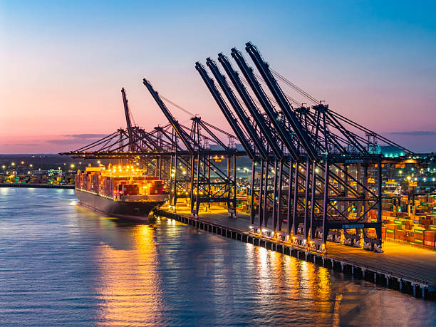 Los Angeles, California, USA - 12 January 2024: Large container ships lalongside cranes in one of the harbours in the port of Los Angeles