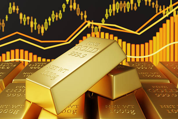 istock Stack of gold bars in front of an analytical bar chart, line graphs and a candlestick diagram. Illustration of the concept of forecasting gold price and trend 2233505081